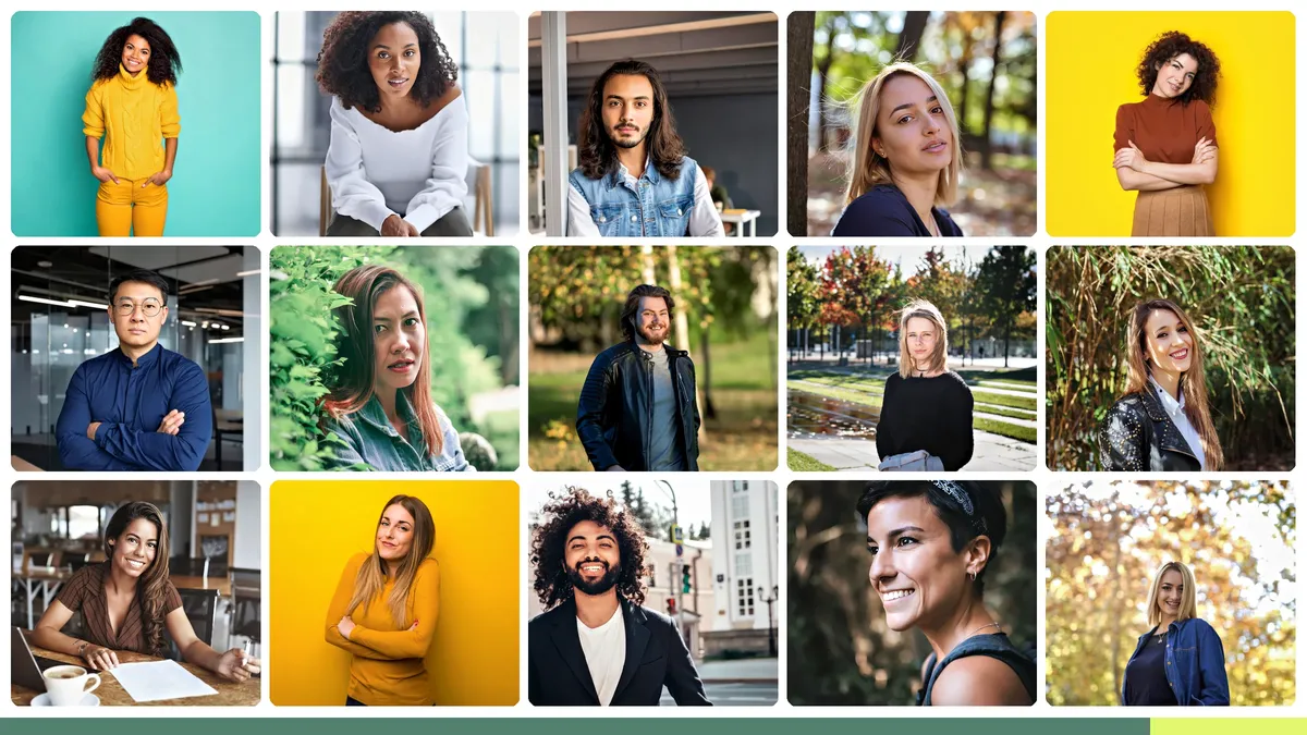 Balanced grid of modern professional casual team headshots showing range across refined business casual, smart casual, brand-forward casual, and off-site lifestyle modes