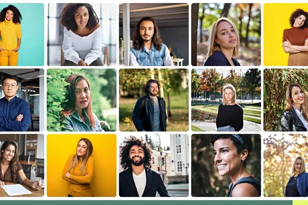 Balanced grid of modern professional casual team headshots showing range across refined business casual, smart casual, brand-forward casual, and off-site lifestyle modes