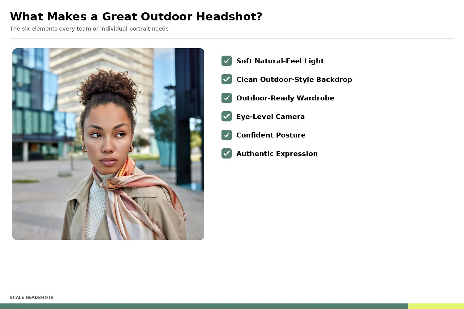 Annotated checklist showing the six elements of a great outdoor headshot: soft natural-feel light, clean outdoor-style backdrop, outdoor-ready wardrobe, eye-level camera, confident posture, authentic expression