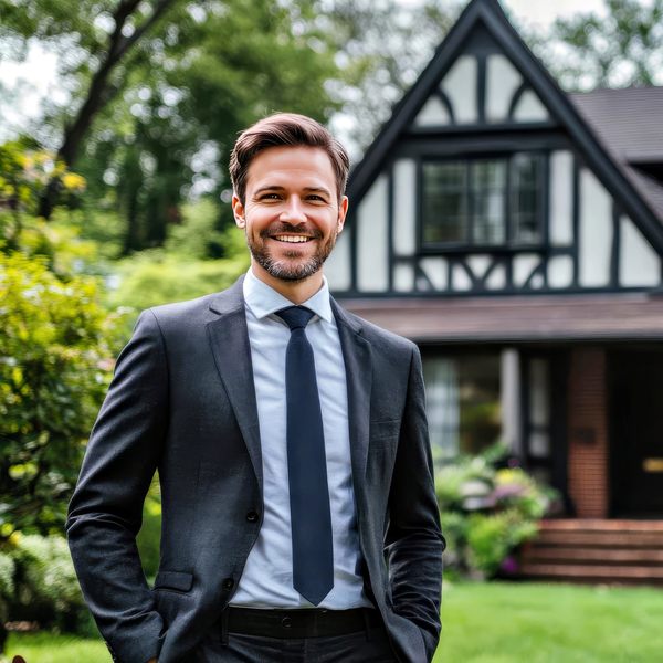 Real estate headshot example: Realtor outside home, real photo enhanced by AI