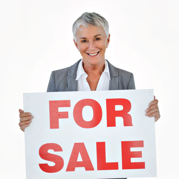 Real estate headshot example: Realtor with for sale sign, real photo enhanced by AI