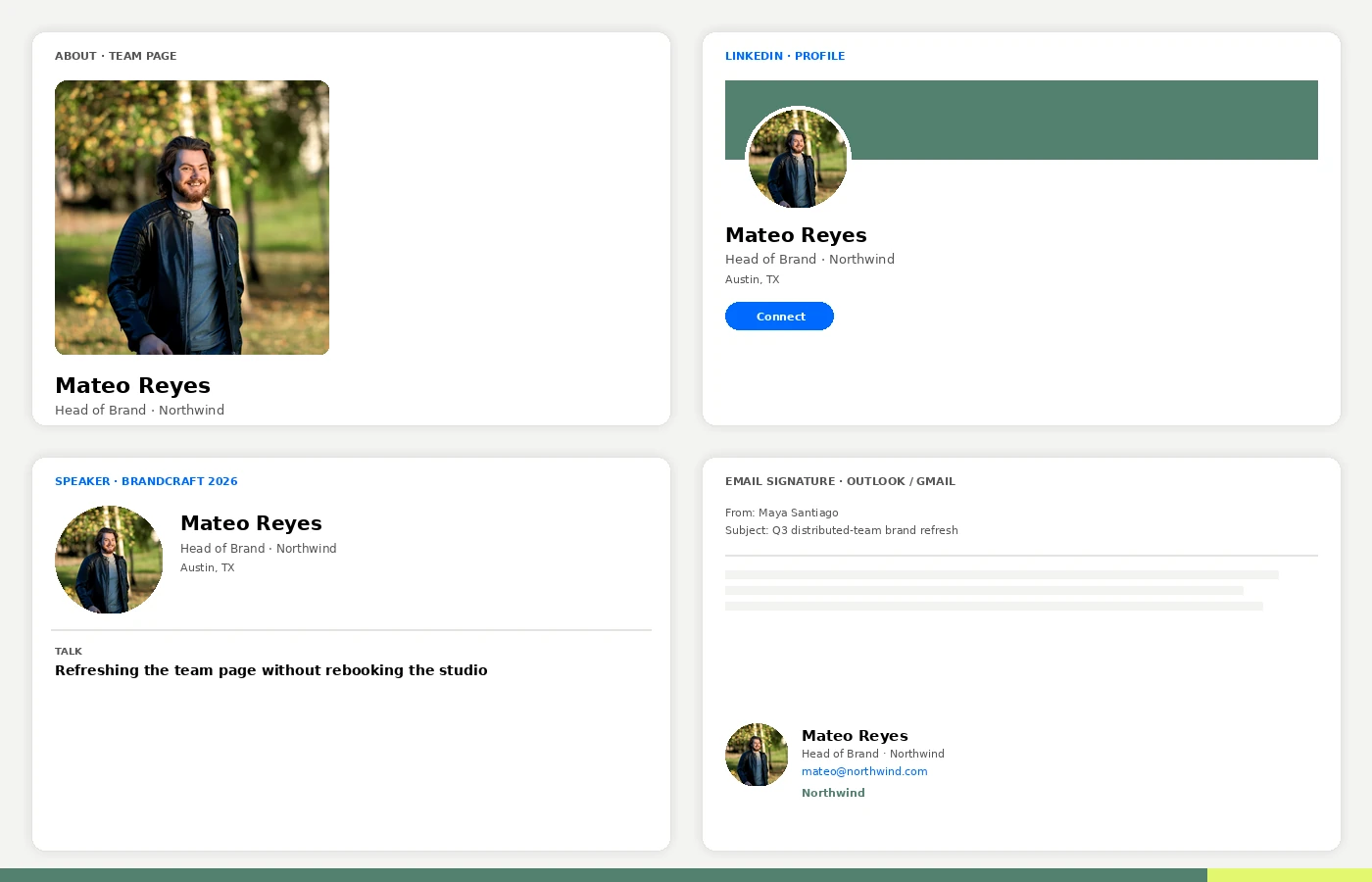 One casual team portrait used across a brand site About page, a LinkedIn profile, a conference speaker card, and an email signature