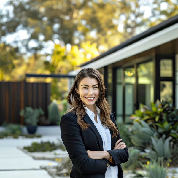 Real estate headshot example: Realtor outside home, real photo enhanced by AI
