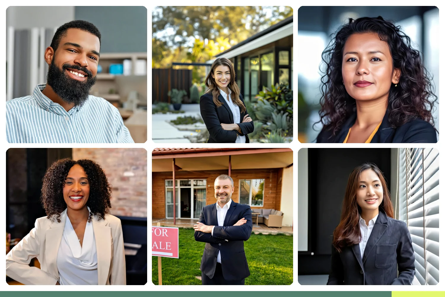 Six professional real estate agent headshots showing variety of attire, age, and ethnicity across a brokerage team