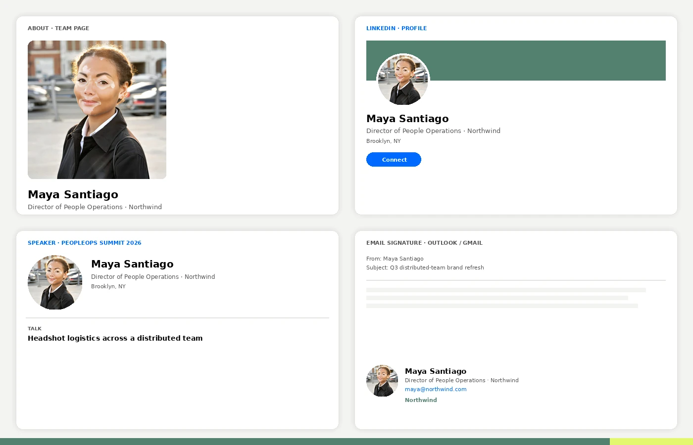 One outdoor team portrait used across a brand site About page, a LinkedIn profile, a conference speaker card, and an email signature