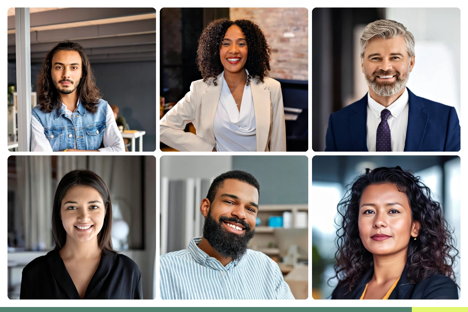 Six professional nonprofit headshots showing range across program and field staff, development and leadership, and board members