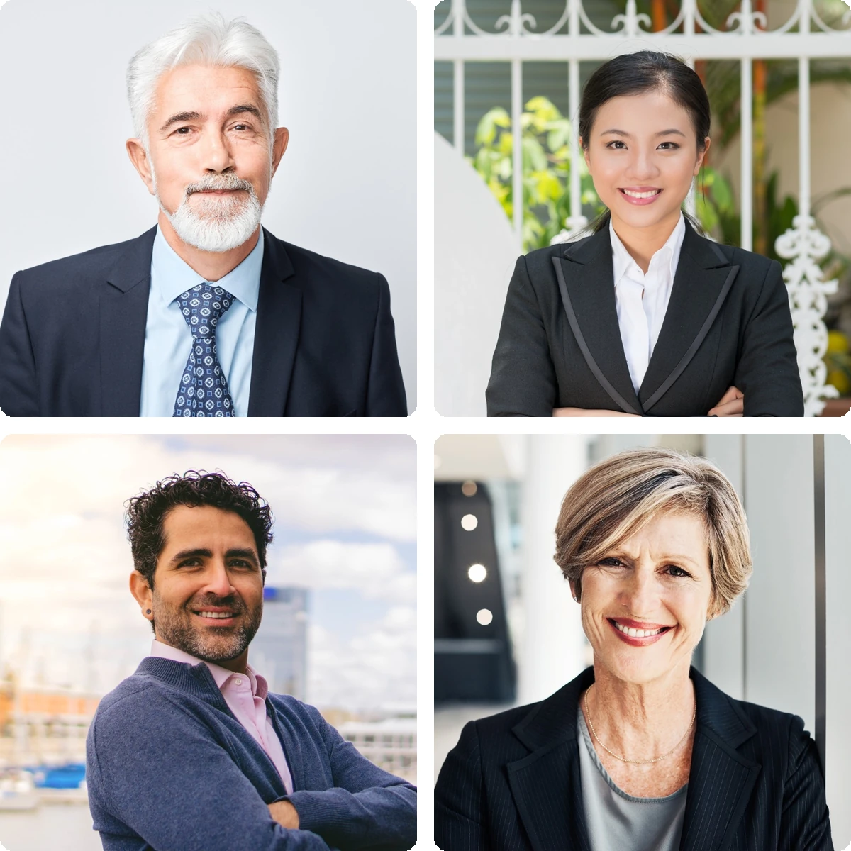 Four Power Pose headshots with squared shoulders, a slightly forward chin and direct eye contact: a senior man in a navy suit and tie, a woman in a black suit with crossed arms, a man in a navy cardigan with crossed arms, and a woman in a black blazer