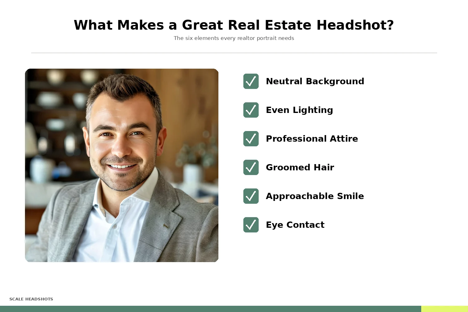 Annotated checklist showing the six elements of a great real estate headshot: neutral background, even lighting, professional attire, groomed hair, approachable smile, eye contact
