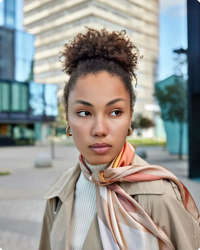Professional with glass-building backdrop in soft natural-feel light, representing the Architectural Modern mode