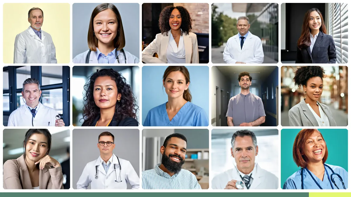 Balanced grid of professional medical headshots showing roles across a diverse hospital team: physicians in white coats, residents in business attire, nurses in scrubs, healthcare administrators