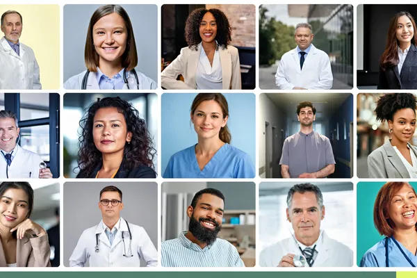 Balanced grid of professional medical headshots showing roles across a diverse hospital team: physicians in white coats, residents in business attire, nurses in scrubs, healthcare administrators