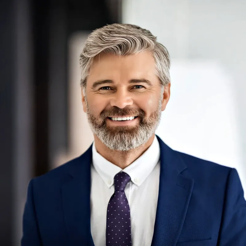 Senior executive in tailored navy suit and tie, modern professional backdrop, representing the Boardroom Formal register