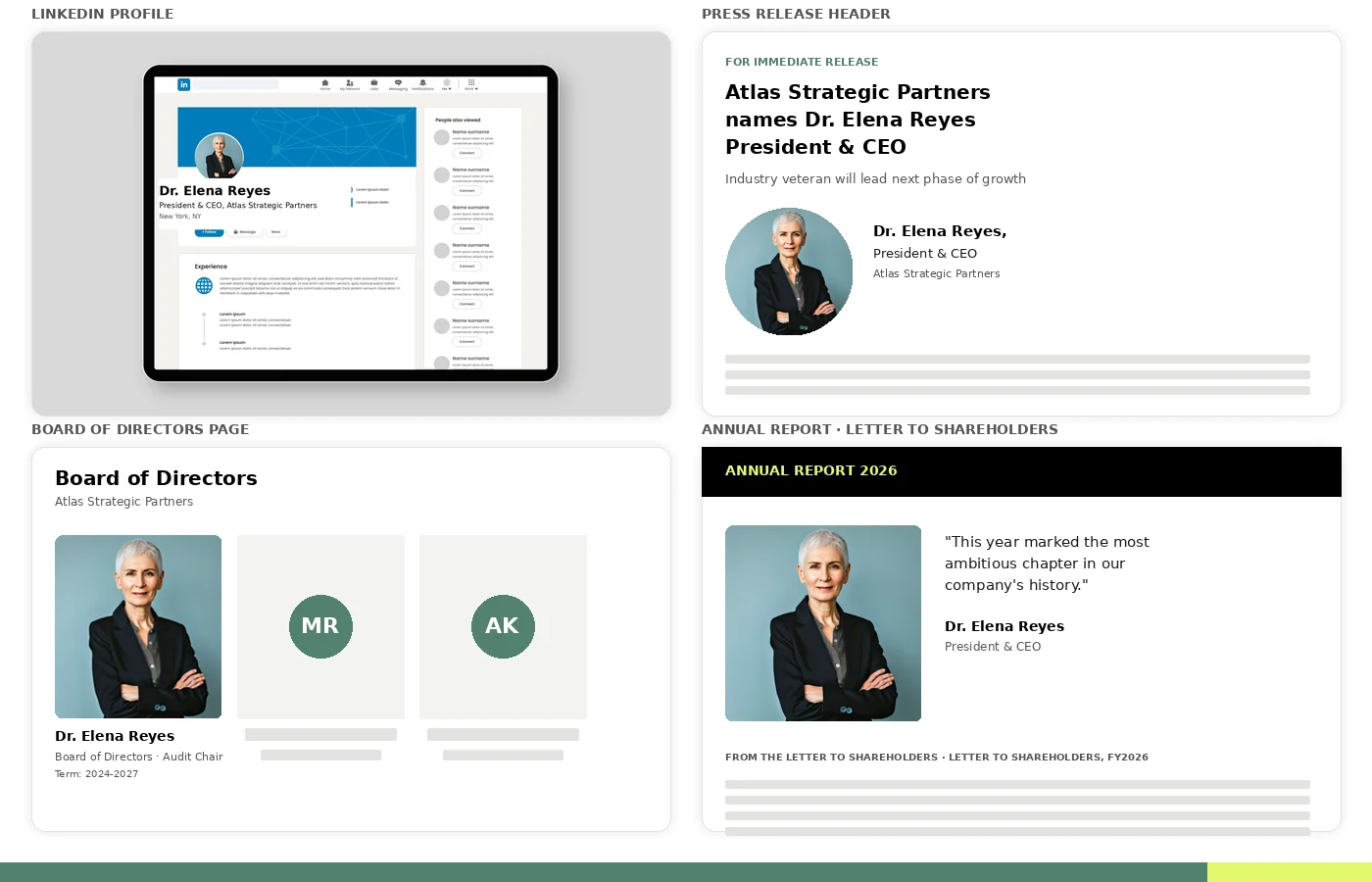 One executive headshot used across LinkedIn, a press release header, a board listing, and an annual report
