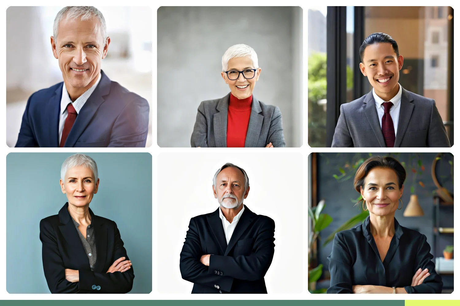 Six professional executive headshots showing variety of attire, age, and ethnicity across leadership teams