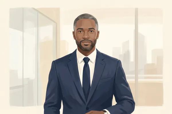 Illustrated portrait of a financial advisor in a navy suit in a modern glass office, cover art for the Finance & Banking headshots guide