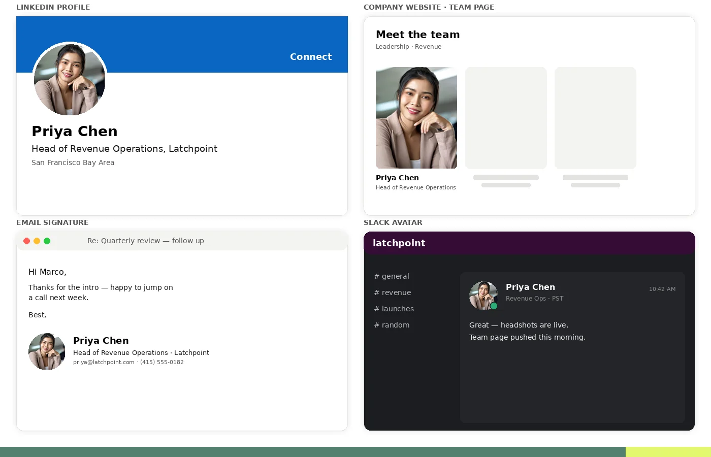 One LinkedIn headshot — Priya Chen — reused across LinkedIn, a company team page, email signature, and Slack