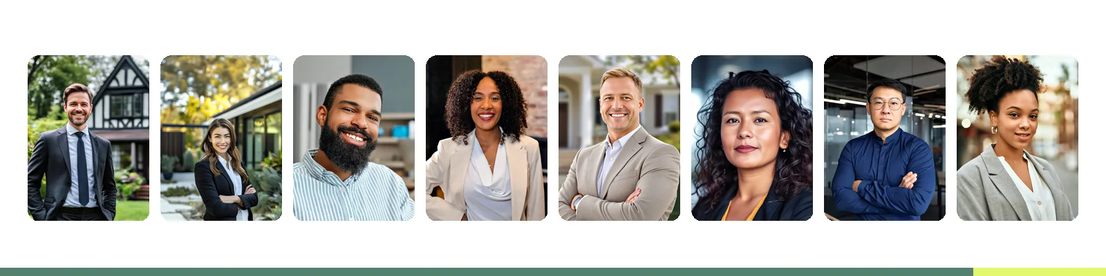 Eight realtor headshots in a horizontal strip showing brand cohesion across a brokerage team