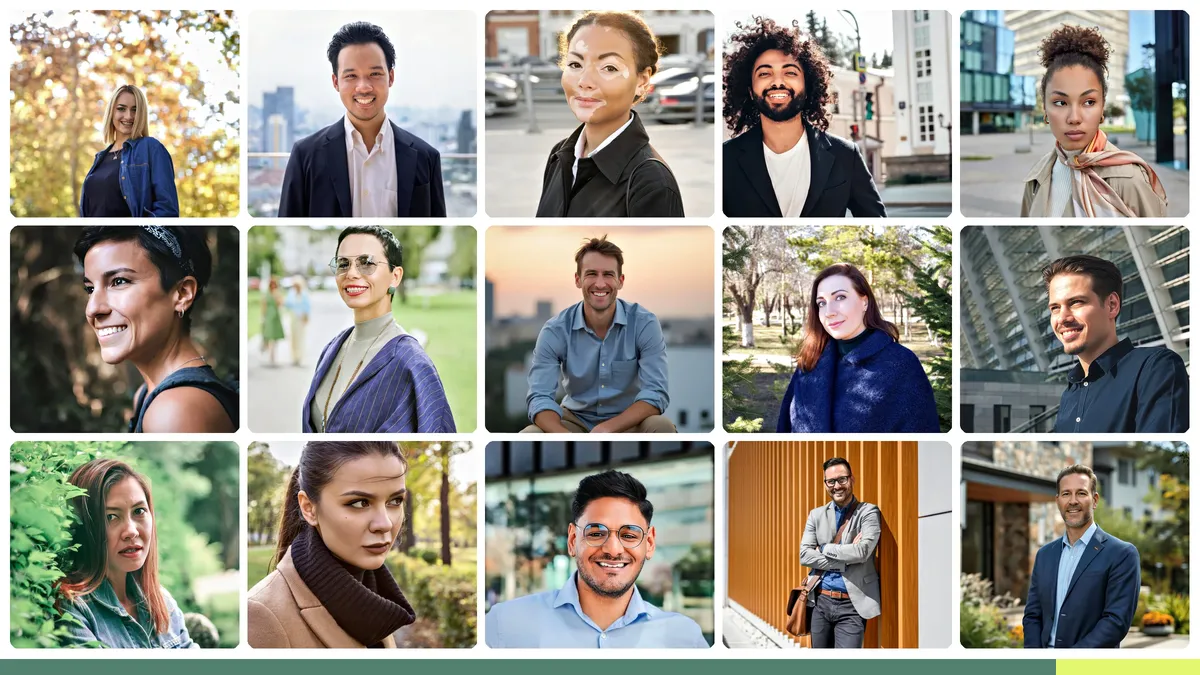 Balanced grid of modern professional outdoor team headshots showing natural light and varied outdoor backdrops