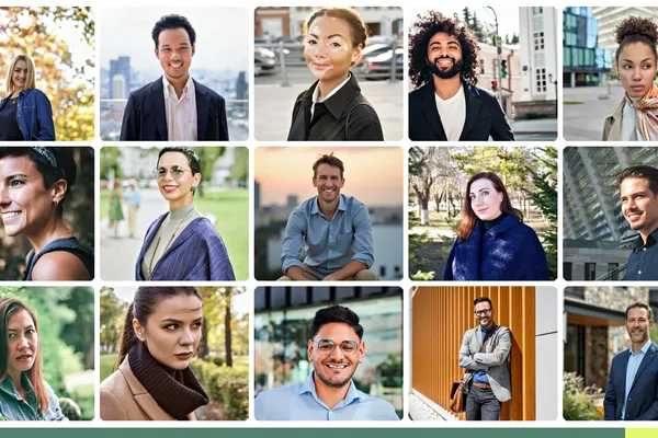 Balanced grid of modern professional outdoor team headshots showing natural light and varied outdoor backdrops