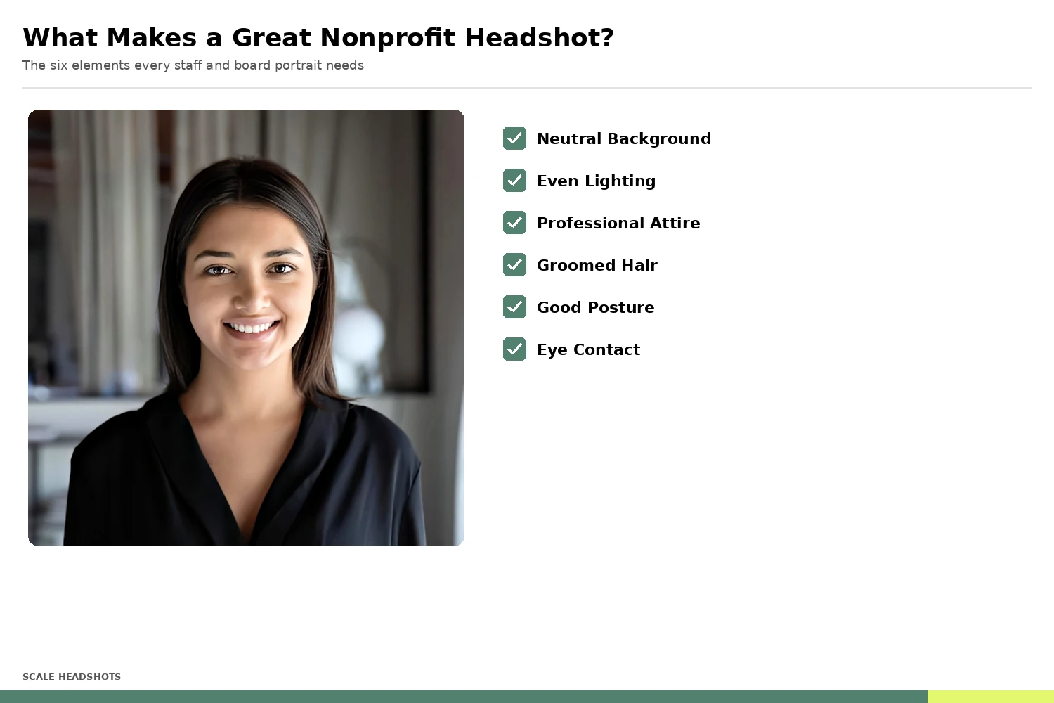 Annotated checklist showing the six elements of a great nonprofit headshot: neutral background, even lighting, professional attire, groomed hair, good posture, eye contact