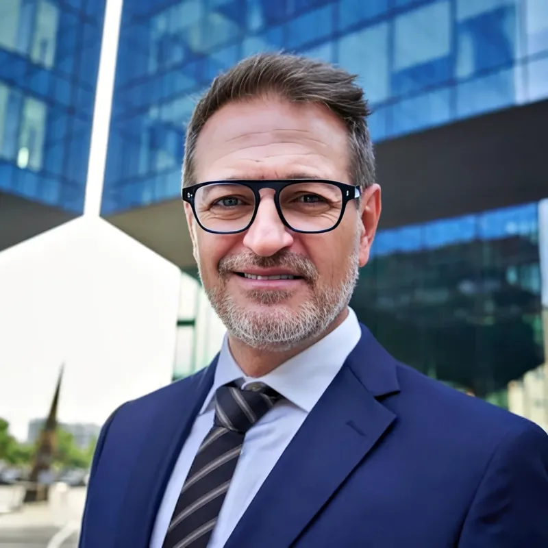 LinkedIn user in tailored navy suit and tie with glasses, modern glass-tower backdrop, representing the Executive / Senior Leadership register
