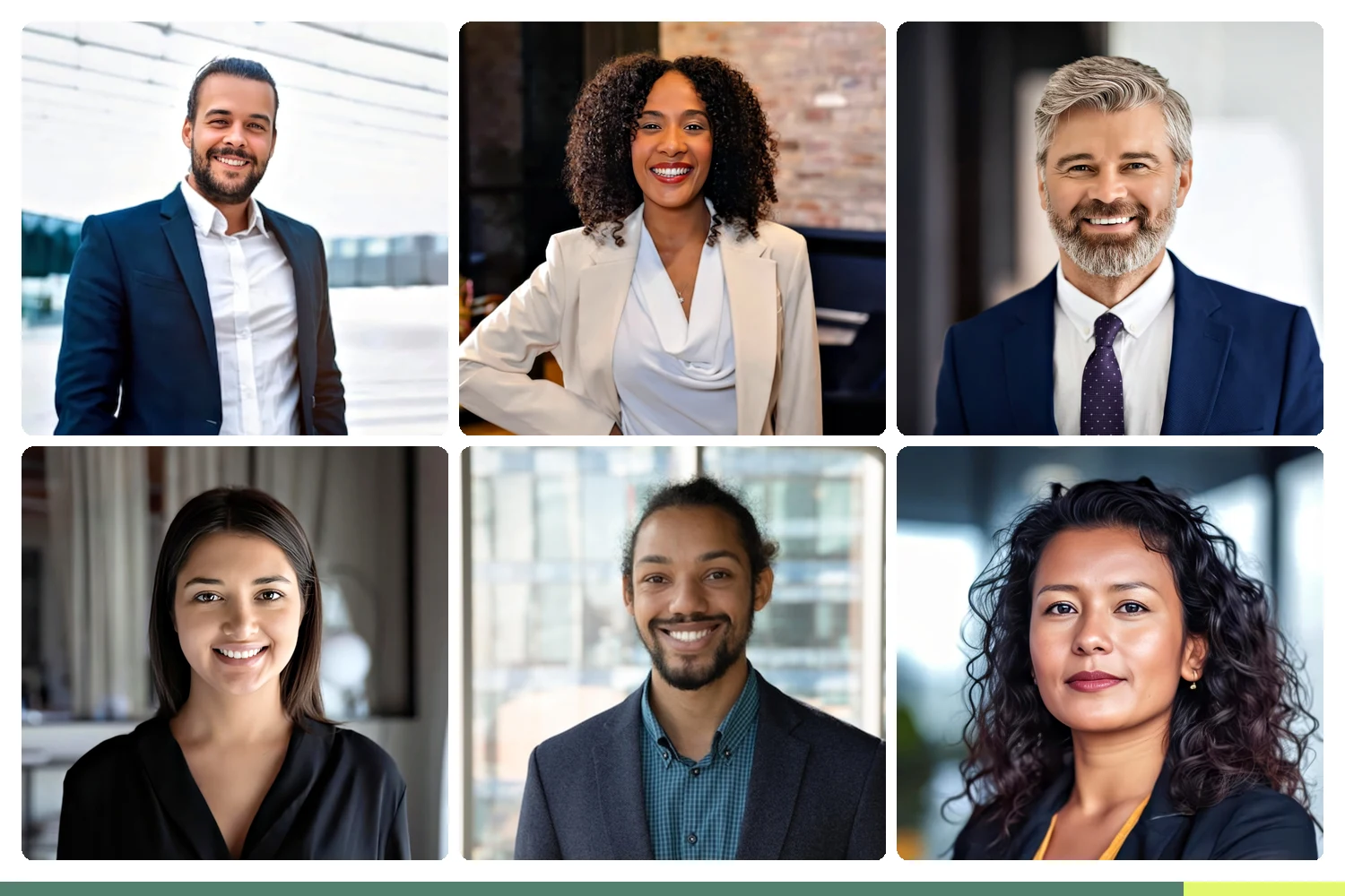 Six professional finance headshots showing range across wealth advisory, investment banking, retail banking, and fintech settings