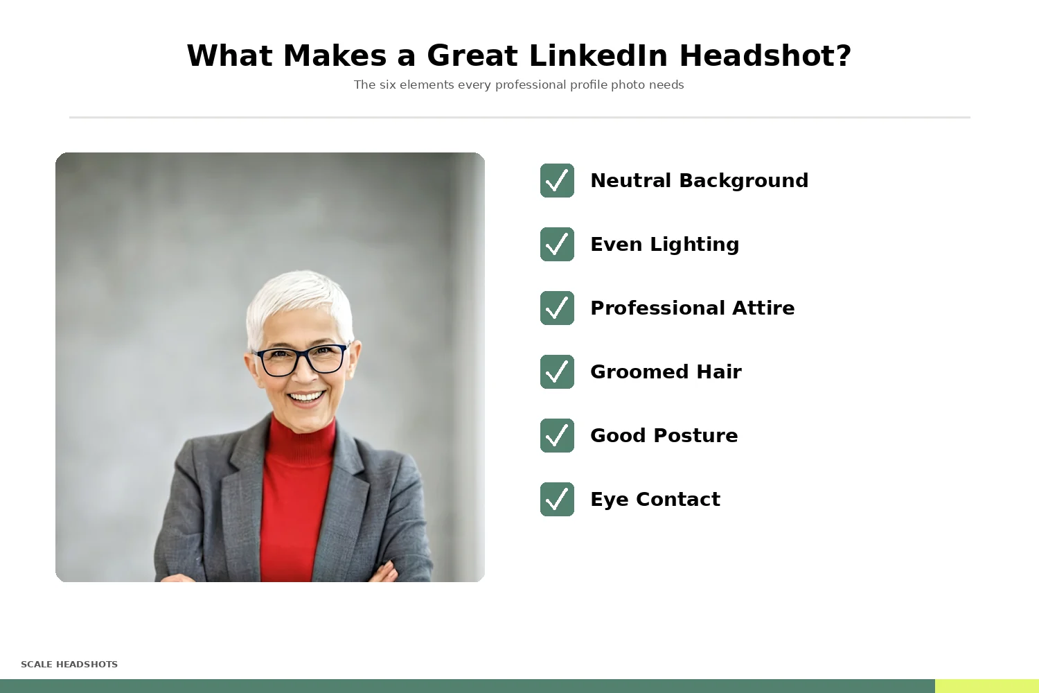 Annotated checklist showing the six elements of a great LinkedIn headshot: neutral background, even lighting, professional attire, groomed hair, good posture, eye contact