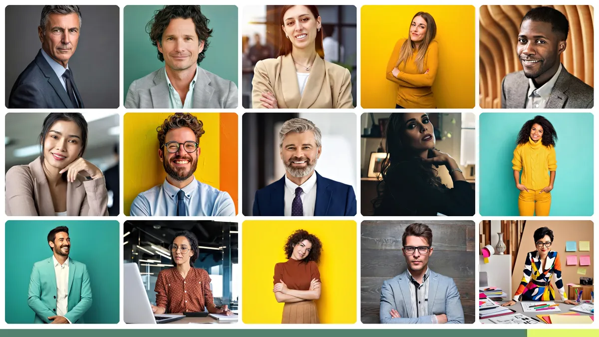 Balanced grid of modern professional team headshots showing creative-team aesthetics across editorial, brand-forward, studio-polished, and environmental modes