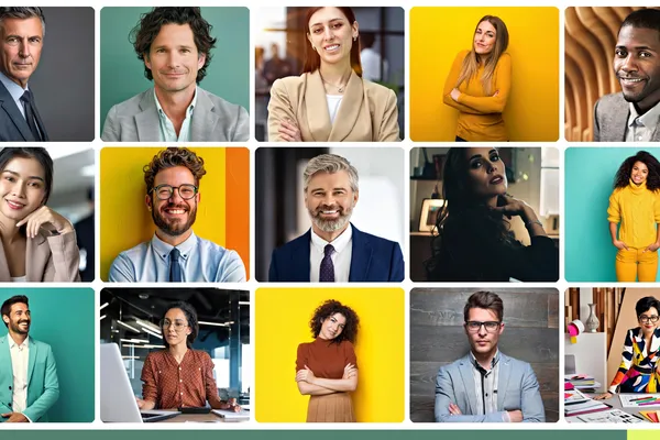Balanced grid of modern professional team headshots showing creative-team aesthetics across editorial, brand-forward, studio-polished, and environmental modes