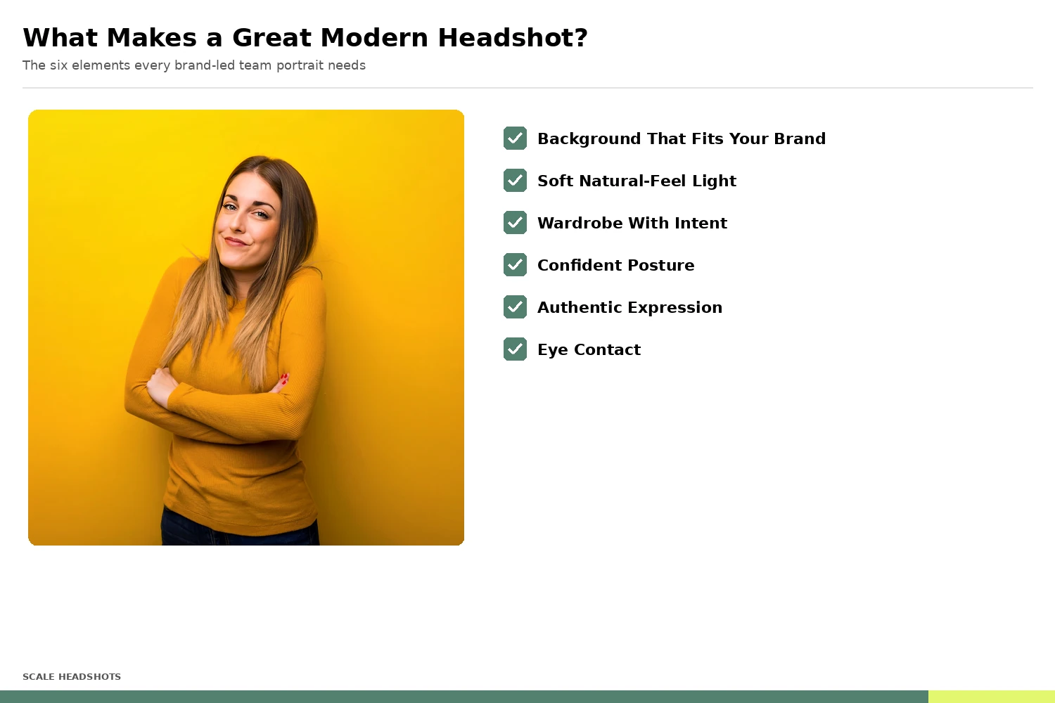 Annotated checklist showing the six elements of a great modern headshot: background that fits your brand, soft natural-feel light, wardrobe with intent, confident posture, authentic expression, eye contact