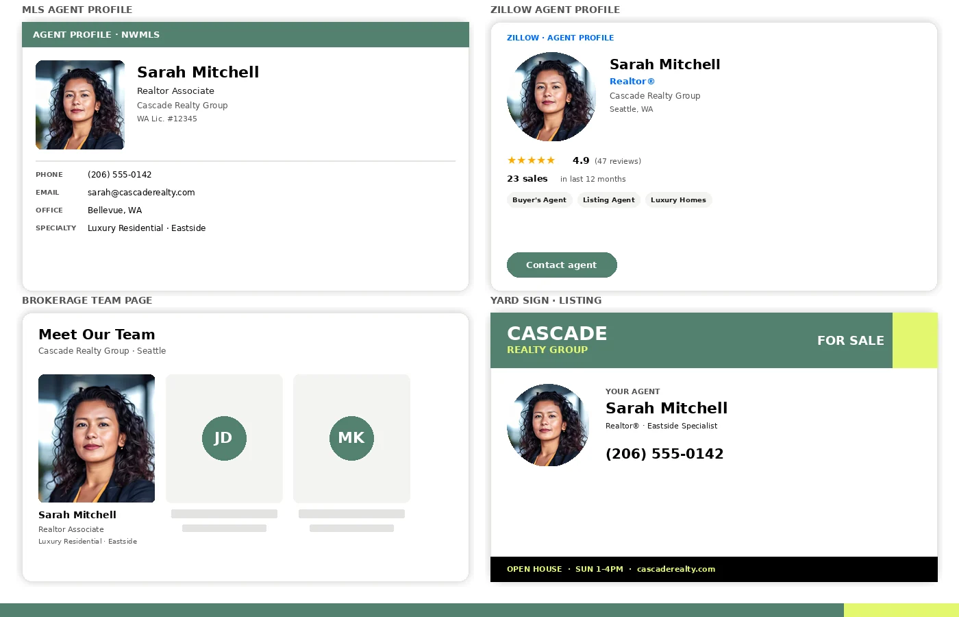 One real estate headshot used across an MLS agent profile, a Zillow agent profile, a brokerage team page, and a yard sign rider