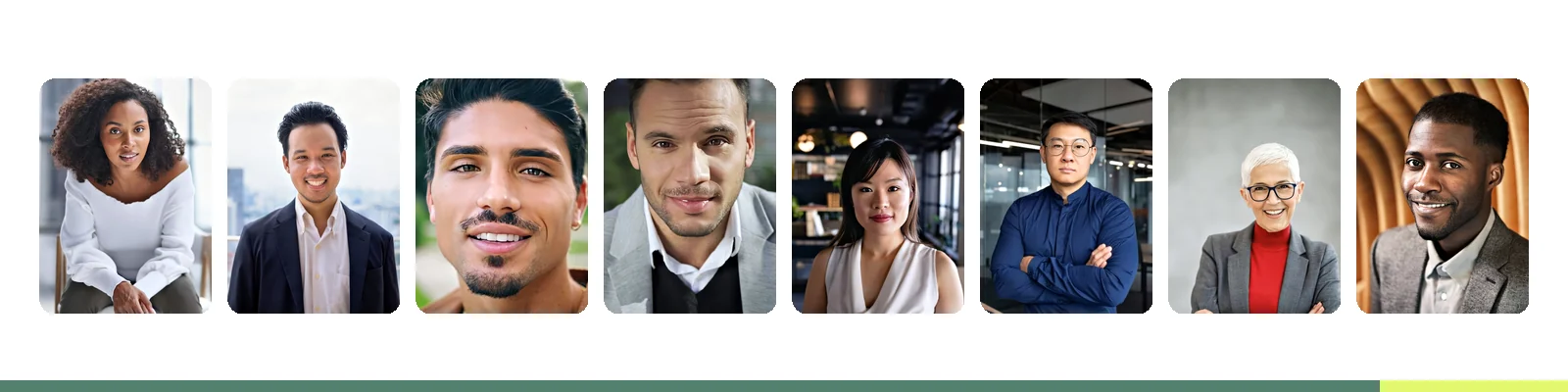 Eight consistent LinkedIn headshots in a horizontal strip showing brand cohesion across a team