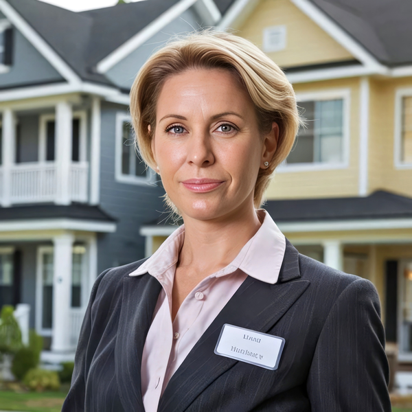 Real estate headshot example: Realtor outside home, real photo enhanced by AI