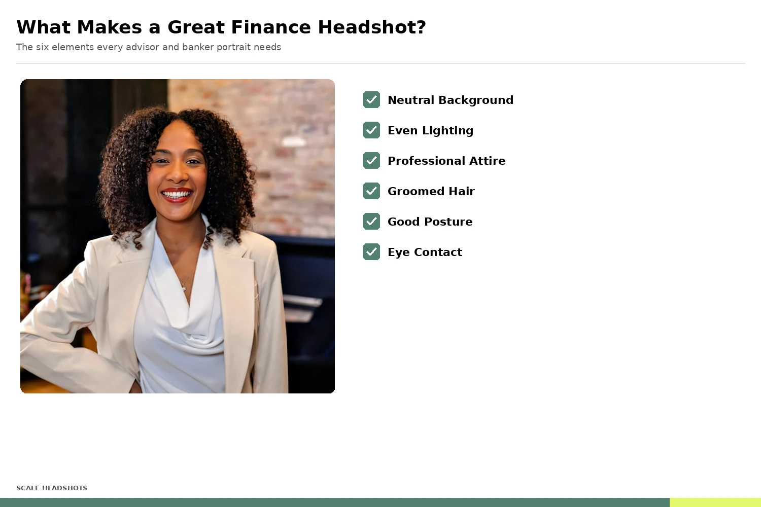 Annotated checklist showing the six elements of a great finance headshot: neutral background, even lighting, professional attire, groomed hair, good posture, eye contact