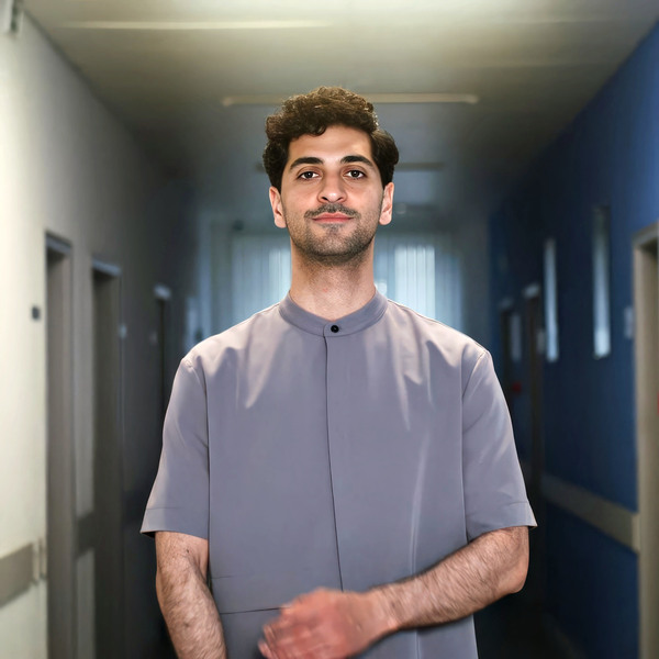 Medical headshot example: Healthcare professional clinical setting, real photo enhanced by AI