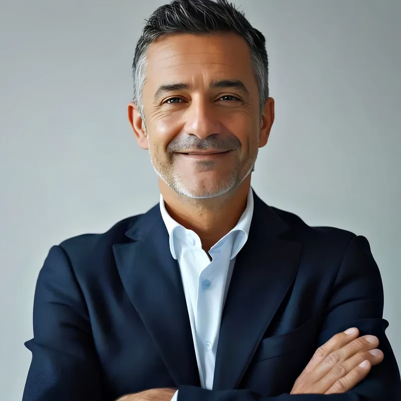 Modern CEO in navy blazer over open-collar shirt, neutral light backdrop, representing the Modern CEO register