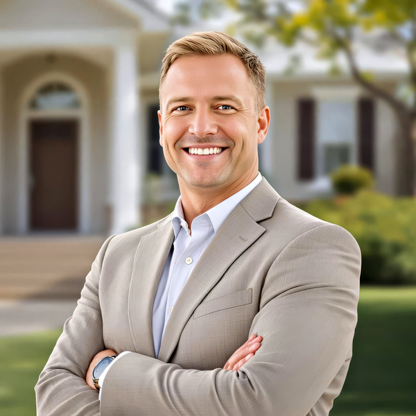 Real estate headshot example: Realtor outside home, real photo enhanced by AI