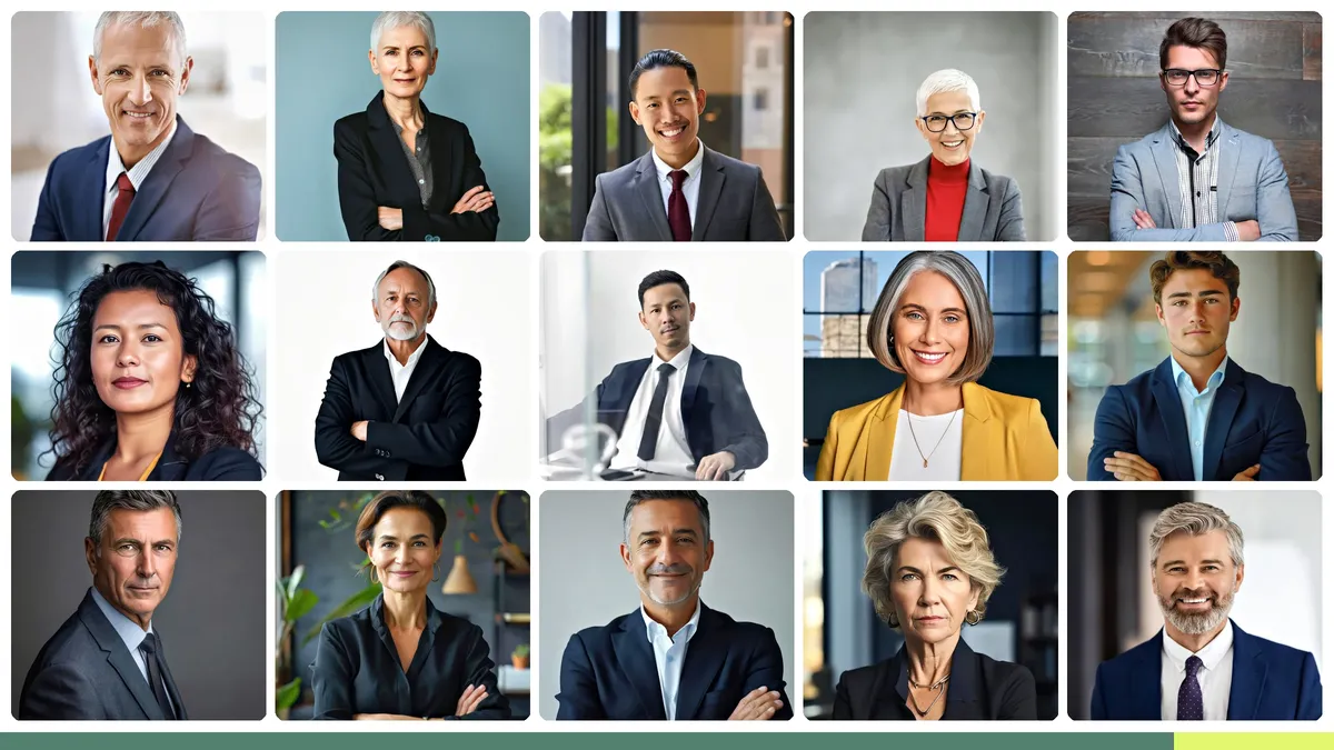 Balanced grid of professional executive headshots showing consistent leadership presentation across a diverse C-suite