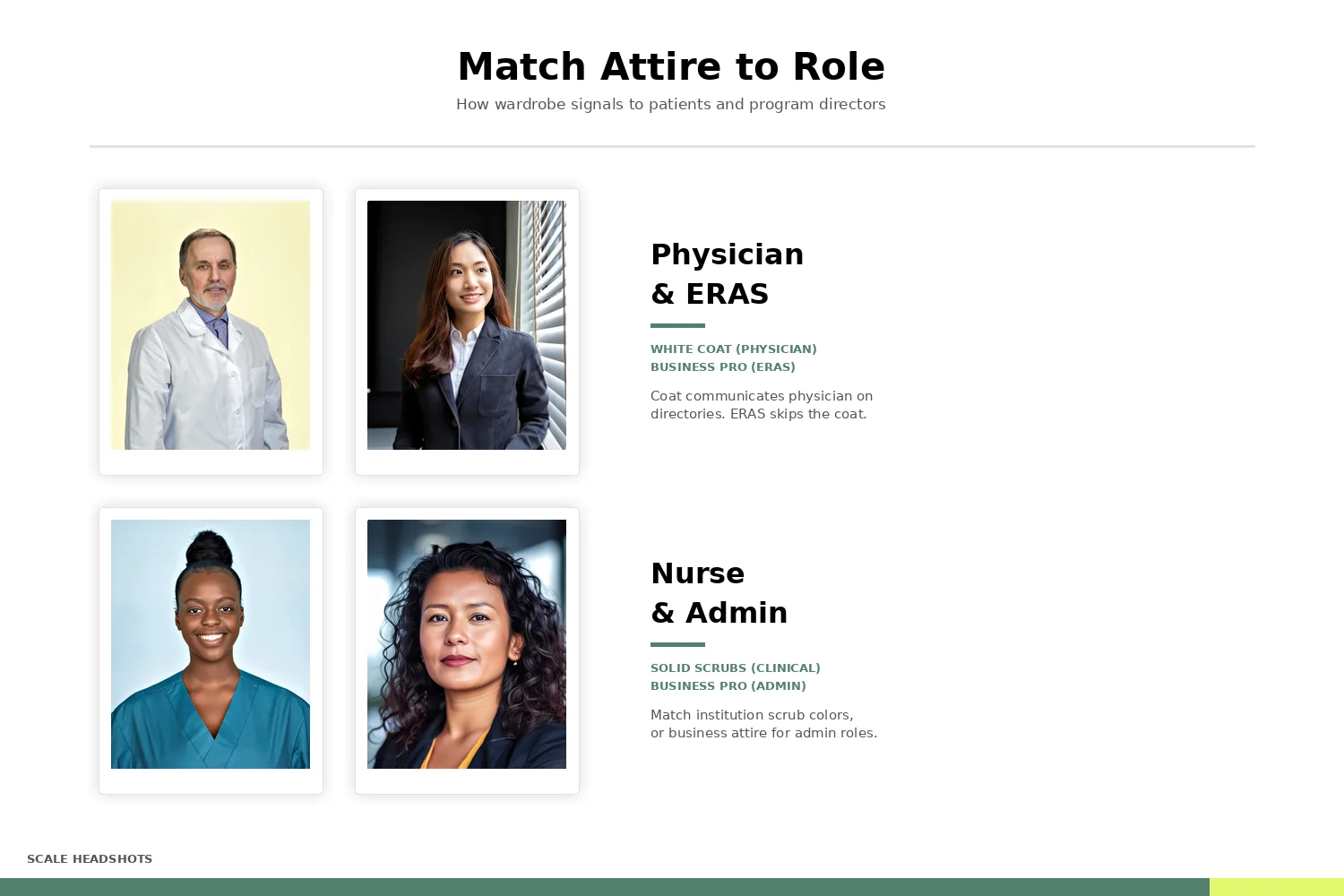 Match Attire to Role: physicians wear white coats over business pro, ERAS applicants wear button-down and blazer (no coat), nurses wear solid scrubs, healthcare admin wear business pro