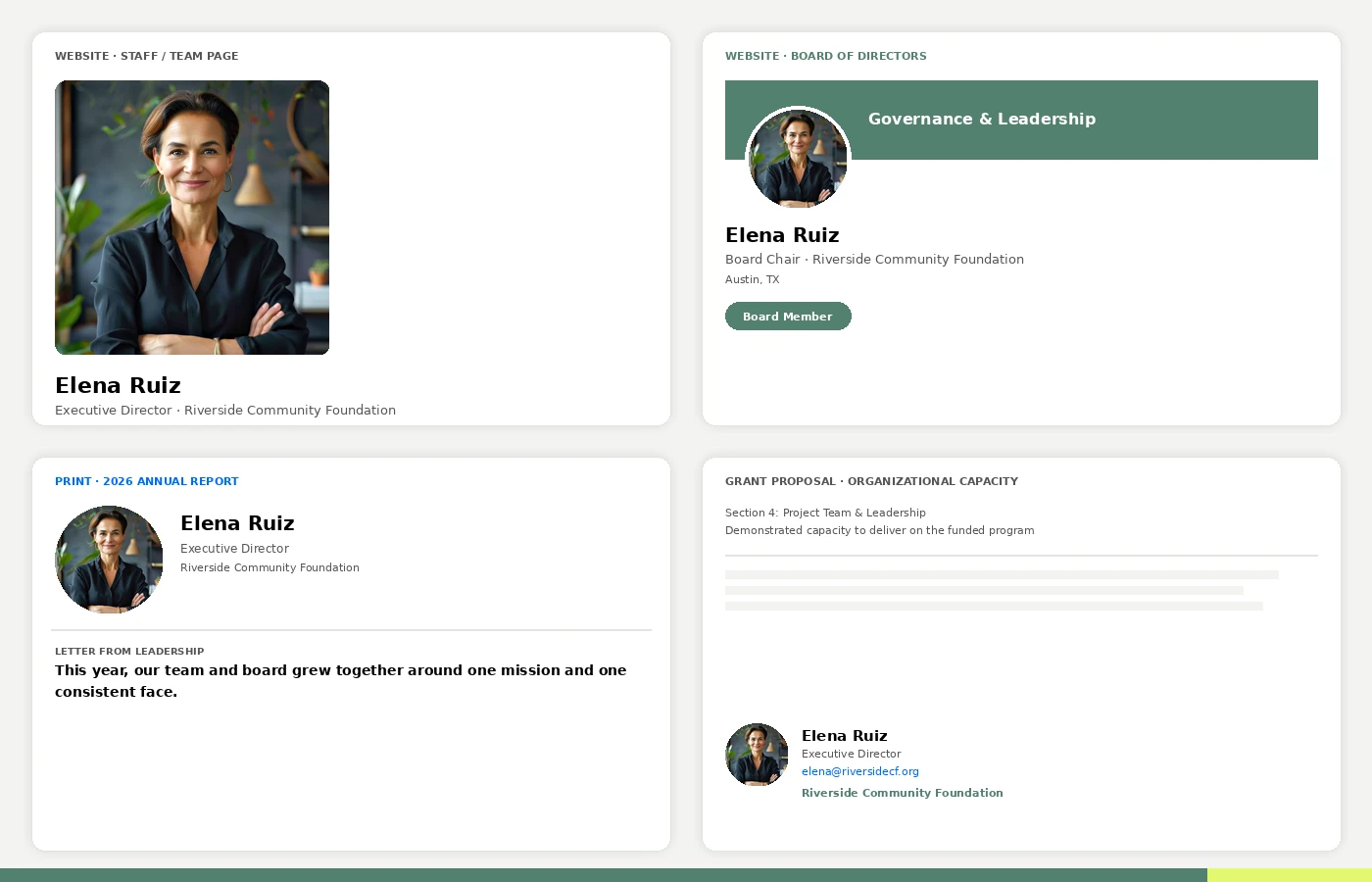 One staff portrait used across an organization's staff page, board page, annual report, and grant proposal