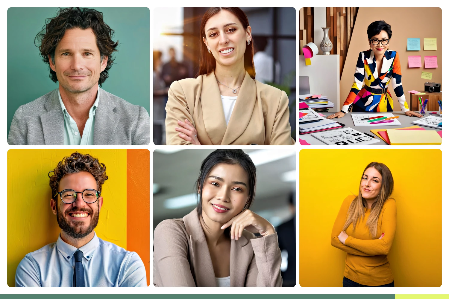 Six modern professional headshots showing variety of creative-team aesthetics: agency creative director, startup founder, in-house brand lead, media producer, marketing director, design lead
