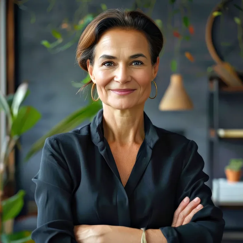 Founder in black silk top with environmental plant backdrop, representing the Founder Portrait register