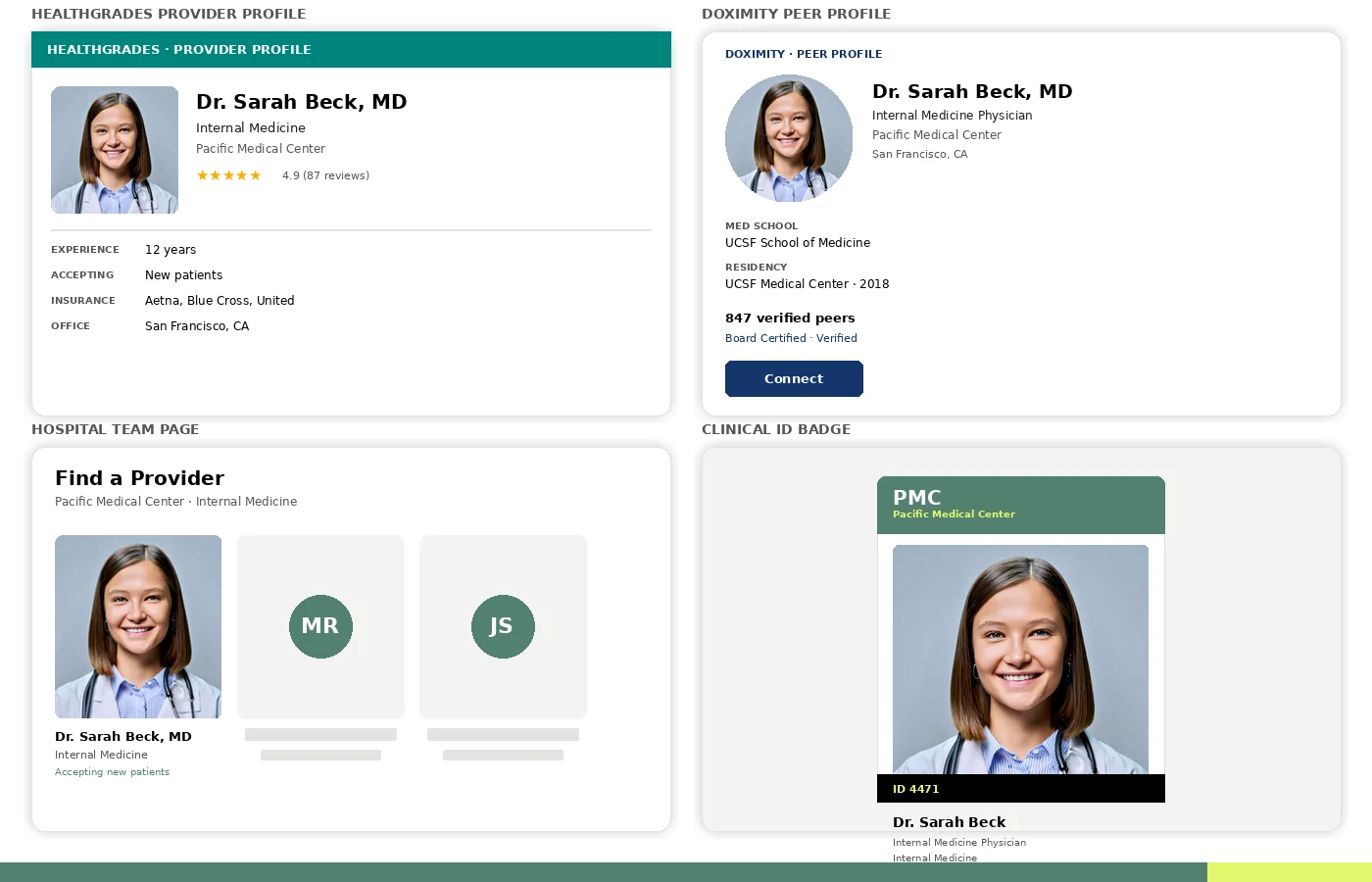 One medical headshot used across a Healthgrades provider profile, a Doximity peer profile, a hospital website team page, and a clinical ID badge