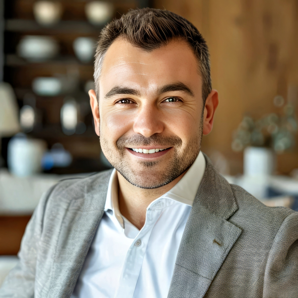 Real estate headshot example: Realtor in brokerage model home, real photo enhanced by AI