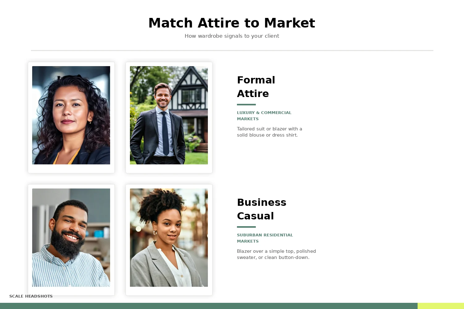 Match Attire to Market: formal blazers and suits signal luxury and commercial markets, business casual signals suburban residential markets