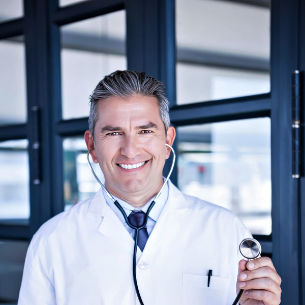 Medical headshot example: Doctor with stethoscope, real photo enhanced by AI