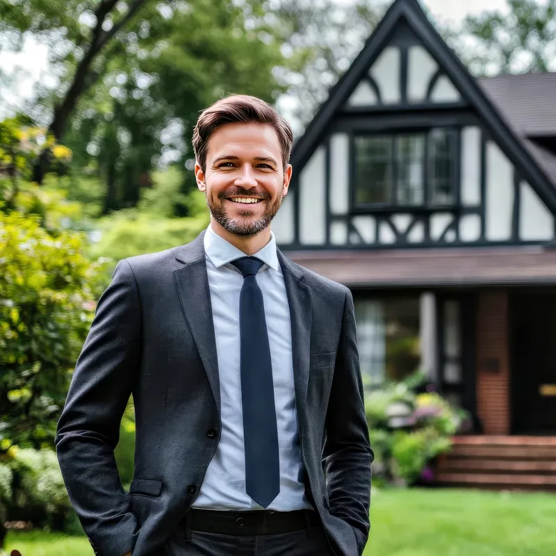 Realtor in tailored dark suit and tie standing in front of a Tudor-style home, representing the Luxury Residential register
