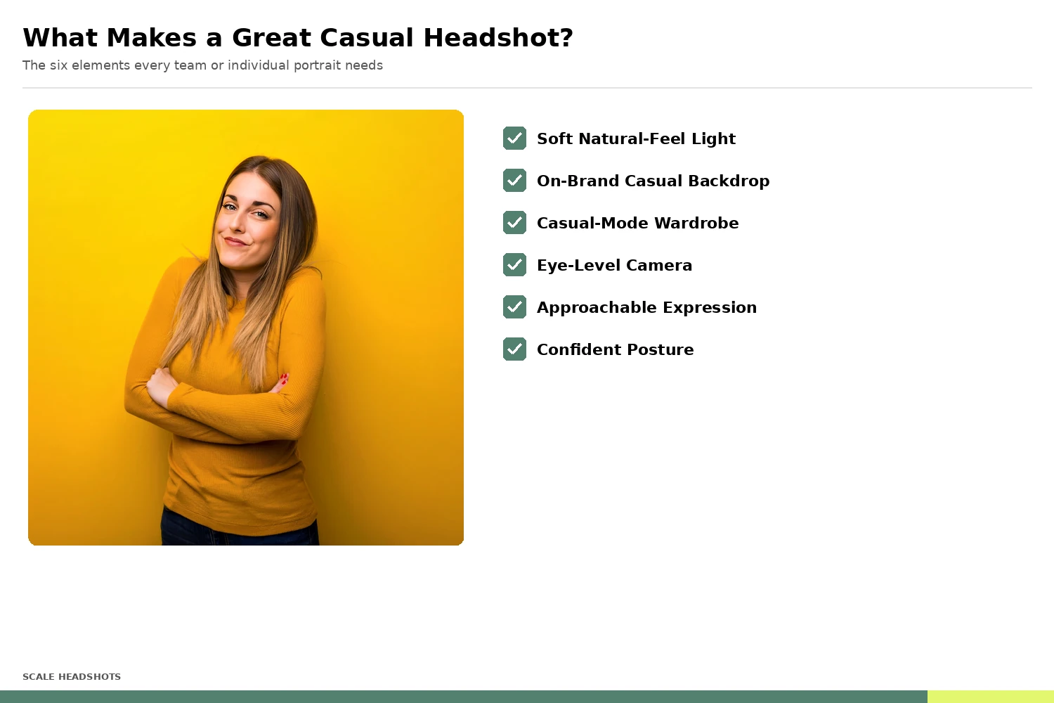Annotated checklist showing the six elements of a great casual headshot: soft natural-feel light, on-brand casual backdrop, casual-mode wardrobe, eye-level camera, approachable expression, confident posture