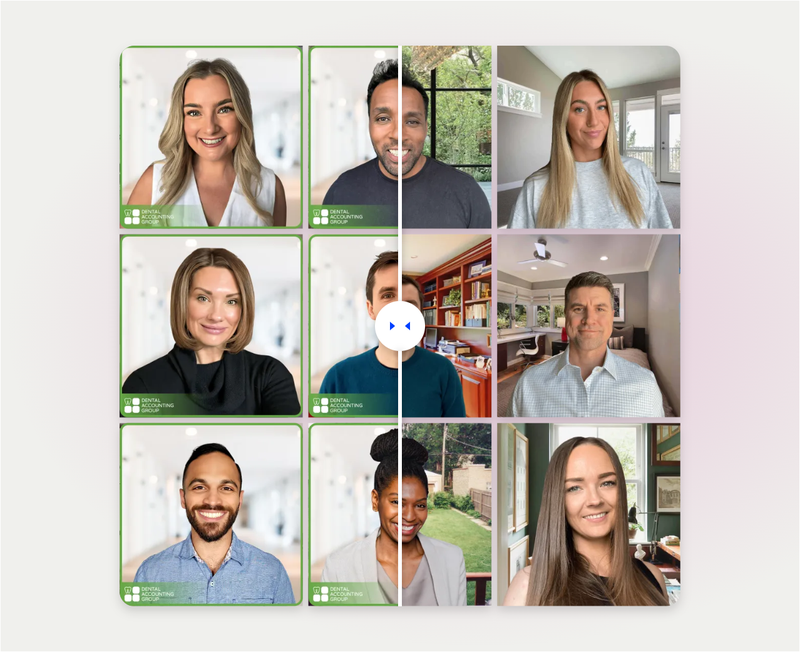 Scale Headshots before-and-after grid: nine team members captured on phones (left) and AI-enhanced into professional headshots (right), with a slider showing the transformation