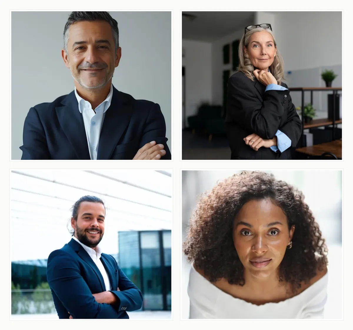Four-tile collage of Power Pose headshots showing diverse leaders with squared shoulders, slightly forward chin, and direct eye contact, conveying authority and gravitas. Subjects: a mid-senior man in a blazer, a mid-senior woman with a hand-to-face gesture, a Latin man with crossed arms in a navy blazer, and a Black woman with an intense direct gaze.